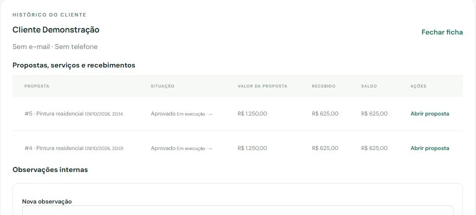 Ficha de cliente de demonstração com duas propostas, recebimentos e saldo pendente.