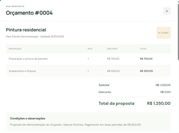 Proposta real do aplicativo com itens de pintura residencial e condições fictícias.