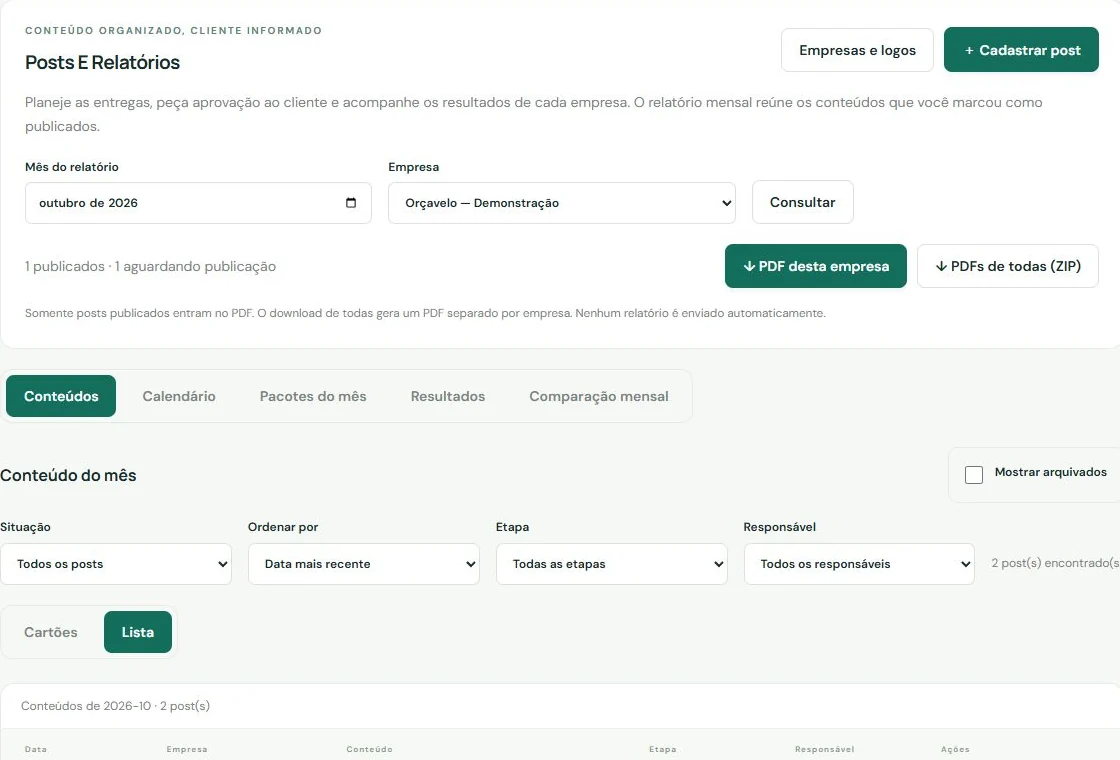 Tela real de Posts e relatórios com empresa fictícia, filtros e opção de lista.